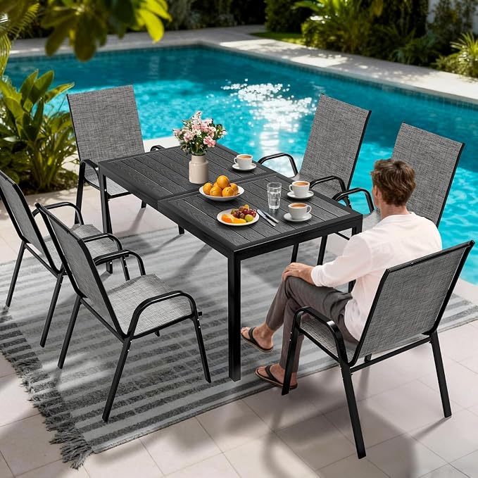 Outdoor Dining Sets for 6, Rectangular Steel Slat Table with 6 Textilene Chairs, 7 Piece Patio Table and Chairs Set with Umbrella Hole for Patio, Backyard, Poolside (Grey, No Umbrella)