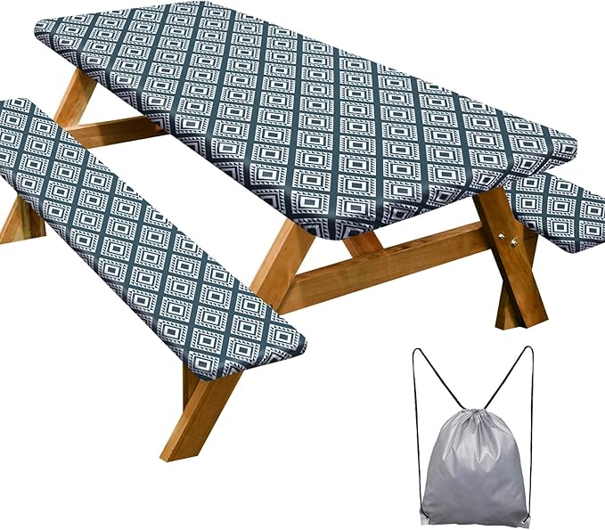 Play Tailor Picnic Table Cover with Bench Covers Camping Essentials Waterproof Windproof Camping Tablecloth with Drawstring Bag, Fitted Rectangle Tables and Seats, 72in, Blue Green Plaid