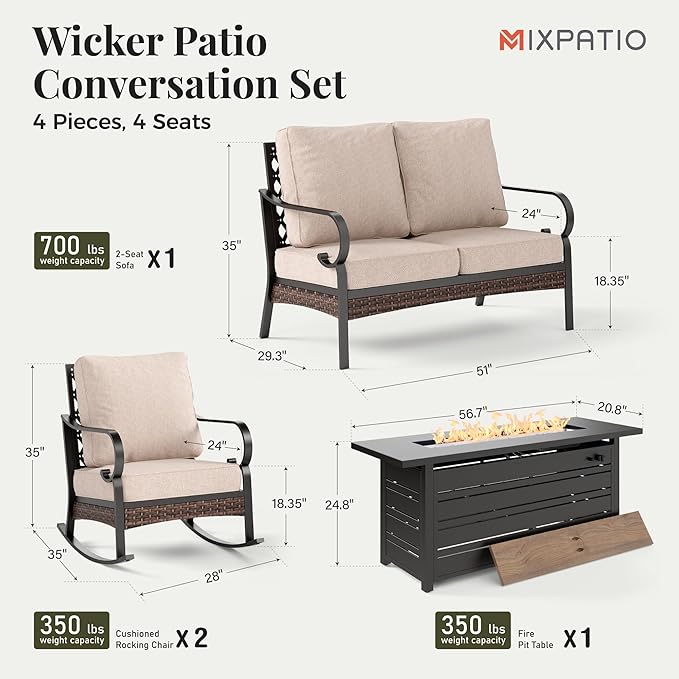 Patio Furniture Set with Firepit Table, Black Frame Outdoor Conversation Set with 2 x Rocking Chair, 1 x 2-Seat Sofa for Lawn Garden Backyard, Beige