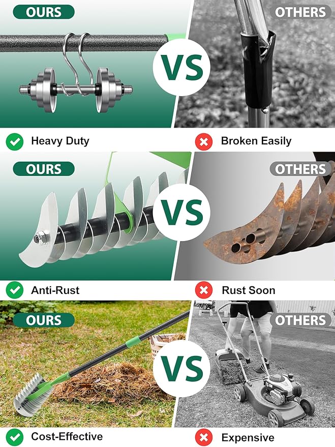 Thatch Rake for Lawns, Heavy Duty Garden Dethatcher Rakes with 46" Adjustable Long Handle, Double-Sided Sharp Tines for Dead Grass Moss Removal, Manual Metal Soil Loosening Thatching Tools for Yard