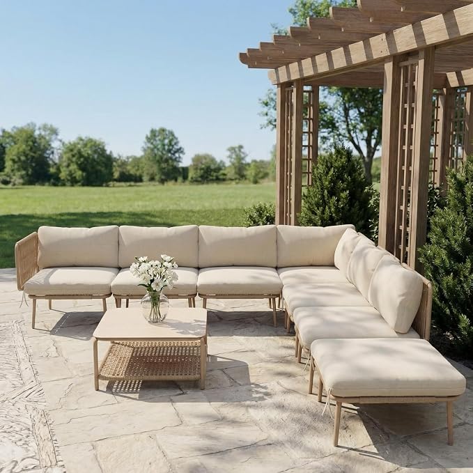 Kingdura 8 Pieces Outdoor Sectional Sofa Set, All-Weather PE Wicker Rattan Patio Conversation Set with Thick Cushions & Coffee Table, Patio Furniture Set for Garden Yard Porch Lawn Poolside (Beige)