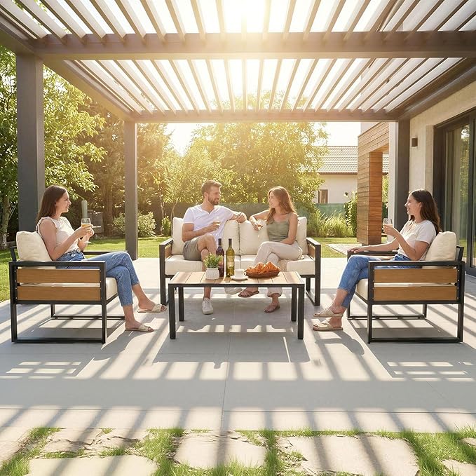 Furnimart Patio Furniture Set, 4-Piece Metal Outdoor Sectional, 4-Seat Patio Conversation Set with Deep Seating, Thick Cushions & Coffee Table for Backyard, Porch & Deck, Beige