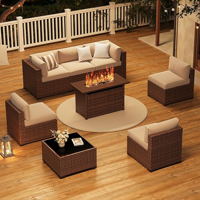 LazySunsets 8-Piece Patio Furniture Set with 44" Fire Pit Table, Wicker Outdoor Furniture, Patio Conversation Sets with Coffee Table, Outdoor Sectional Couch with Waterproof Cover, Beige