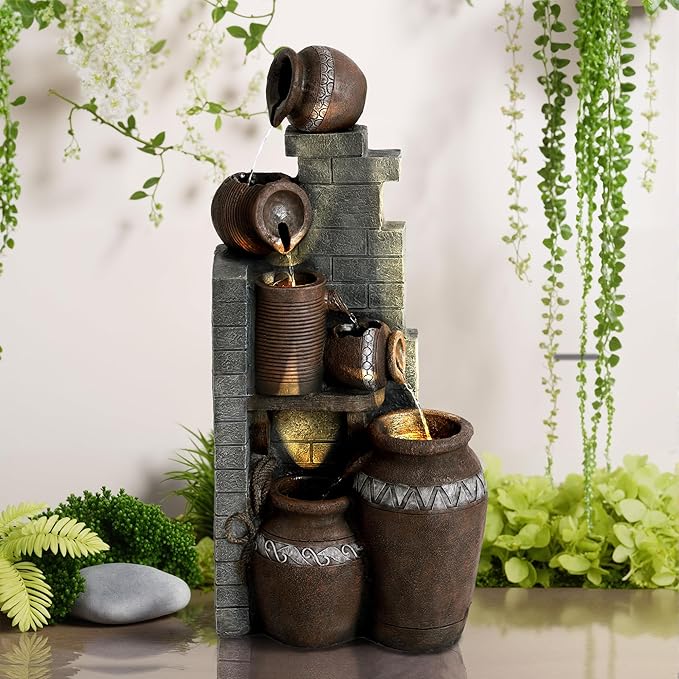 6 Tiered Outdoor Waterfall Fountains, Garden Waterfalls with LED Lights, Cascading Flow Fountain for Garden, Yard, Patio, Home Decor (10.6"(L) x 18.5"(W) x 39.3"(H))