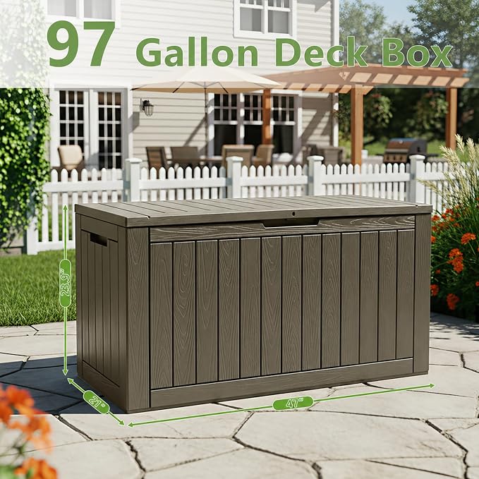KAMABOKO 97 Gallon Waterproof Large Resin Deck Box, Lockable Large Outdoor Storage Box Indoor Outdoor Storage Container for Patio Cushions, Gardening Tools, Pool Supplies, Grey