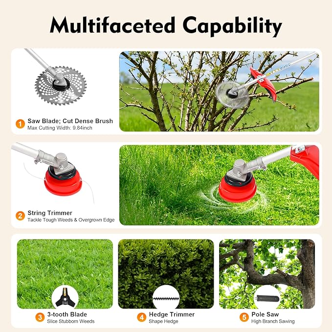 Gas Weed Wacker, 51.7CC 2-Strokes Cutter Grass Trimmer, 4 in 1 Lawn Mower Pruner Tool Multi Garden Tools Brush Cutter, Gas Hedge Trimmer Pole Saw with Extension Pole, Red