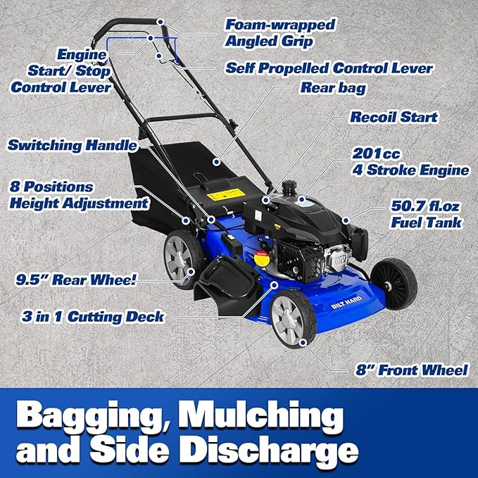 BILT HARD 21" Self Propelled Gas Lawn Mower – Powered by a 201cc 4-Cycle OHV Engine, 3-in-1 Functions (Bagging, Mulching & Side Discharge), 8-Position Cutting Height Adjustment, and Easy Start.