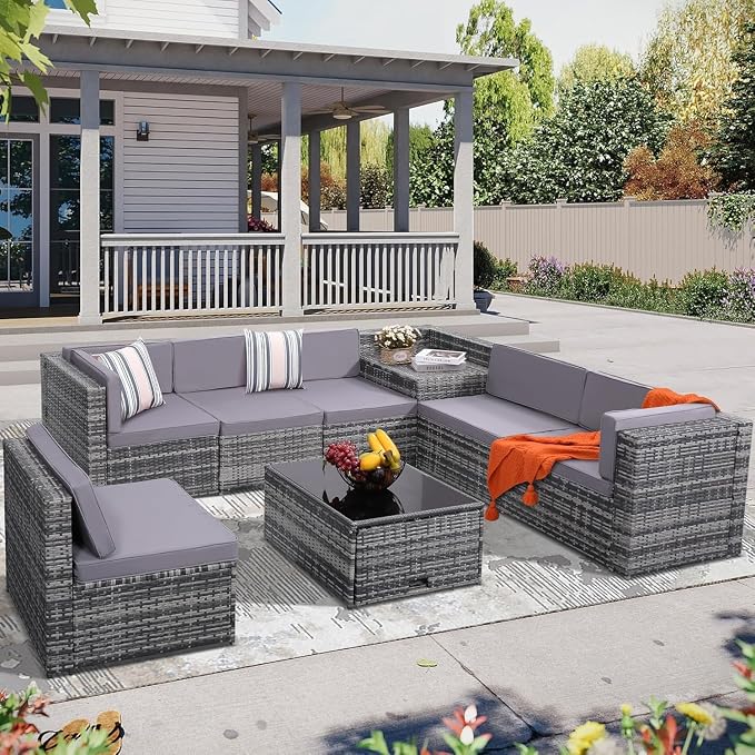 8-Piece Outdoor Wicker Patio Furniture Set with Glass Top Table Featuring Hidden Storage for Backyard, Garden, Deck, or Porch(Gray)