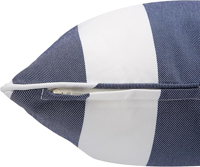 Outdoor Throw Pillow with Insert 18x18 Inch, Set of 2, Piping Edge Waterproof Fade Resistant Decorative Fluffy Pillows for Patio Furniture Chair Bench Couch Sofa - Navy White Striped