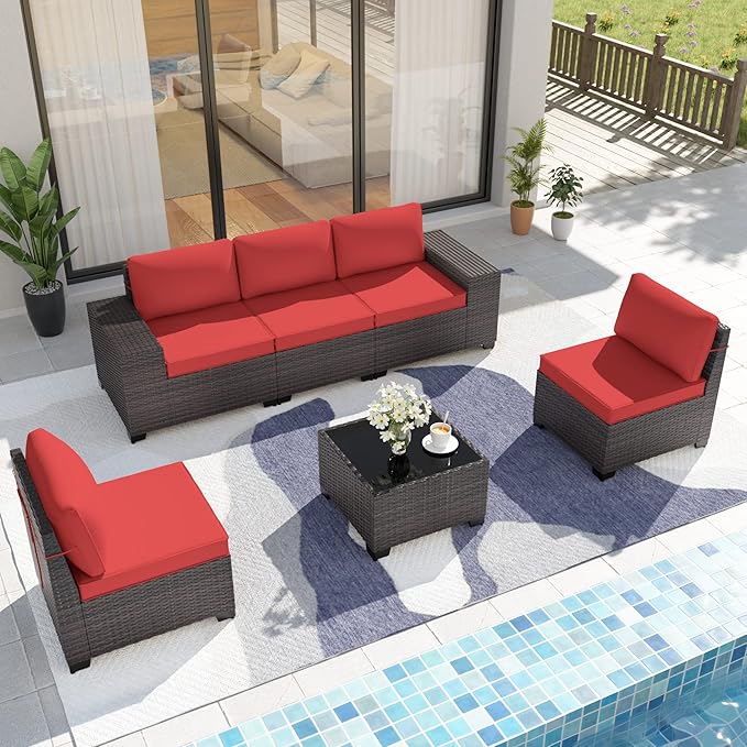 Patio Furniture Set Sofa 6-Pieces Wicker Sectional Sofa Set, Outdoor Furniture Rattan Patio Conversation Set with Thickened Cushion and Glass Coffee Table, Red