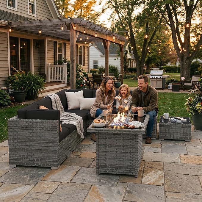 10 Pieces Patio Furniture Set with 44" Propane Gas Fire Pit Table, Outdoor Sectional Wicker Conversation Sofa Sets with Coffee Table