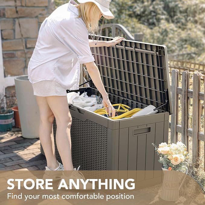 Devoko 100 Gallon Waterproof Large Resin Deck Box Indoor Outdoor Lockable Storage Container for Patio Furniture Cushions Garden Tools (100 Gallon, Light Brown)