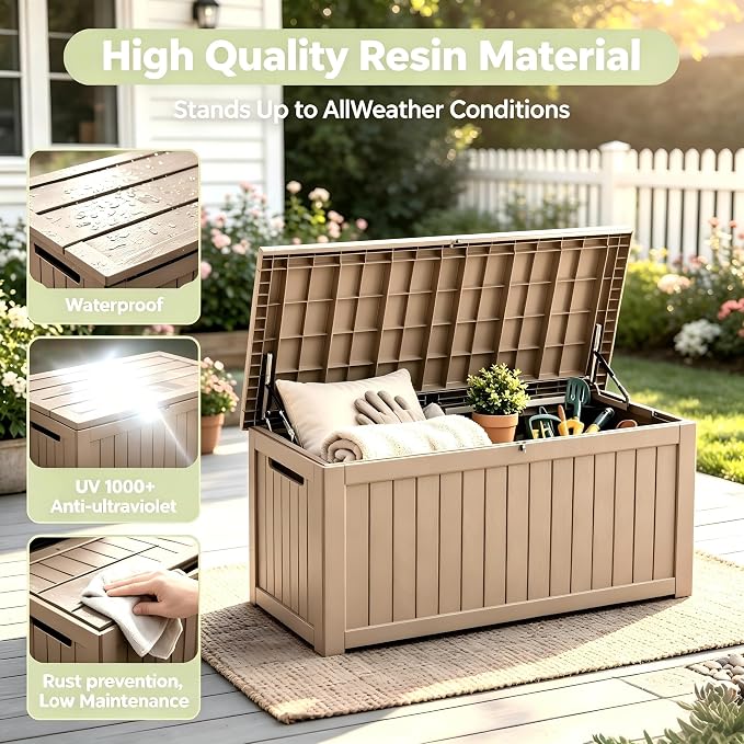 152 Gallon Outdoor Deck Storage Box, Large Waterproof Resin Patio Storage Box, Lockable Bench Seat Holds 2 Adults, for Garden Tools, Cushions & Pool Floats, UV & Rust Resistant, Gray Brown