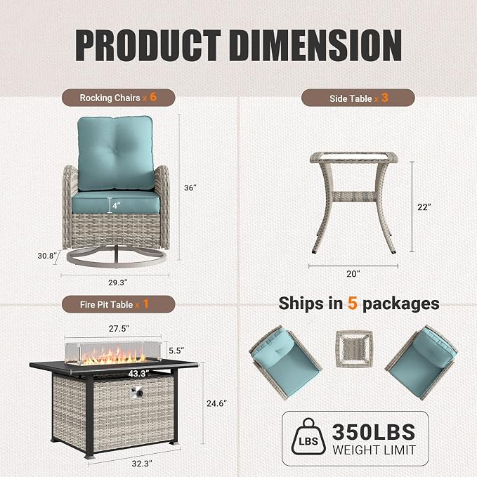 10Pcs Patio Rocking Swivel Chair with 55,000 BTU Fire Pit Table Outdoor Wicker Rattan Bistro Set with Tempered Glass Side Table, Patio Furniture Set for Garden and Balcony, Light Blue