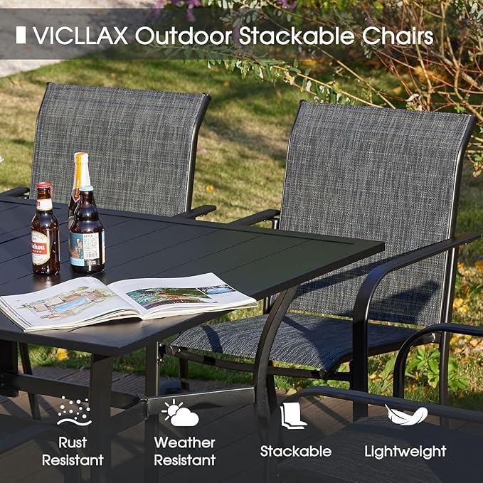 VICLLAX Patio Table and Chair Set of 4, All Weather Metal Round Outdoor Dining Furniture Set-40.6" Round Outdoor Table and Chairs, Grey Wood Grain Tabletop
