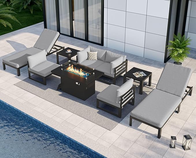 NICESOUL 9 Piece Large Contemporary Aluminum Outdoor Furniture Set with Chaise Lounge & Fire Pit Table, 29" Deep Couch Set, 500 lbs High Weight Capacity Patio Sectional Sofa for Poolside, Light Gray