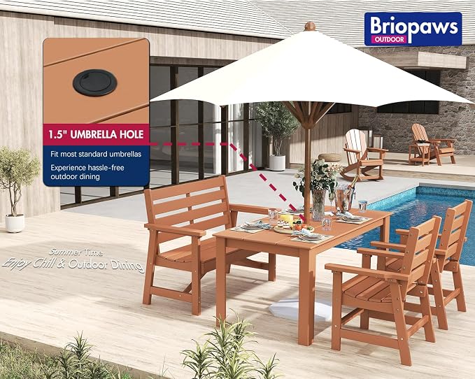BRIOPAWS Outdoor-Dining-Table-Set | 6 Piece | HDPE | 1 Bench and 4 Chairs Sets for 6 | Patio Dinner Furniture | All Weather | Umbrella Hole | for Poolside Deck Backyard Outdoors | Teak