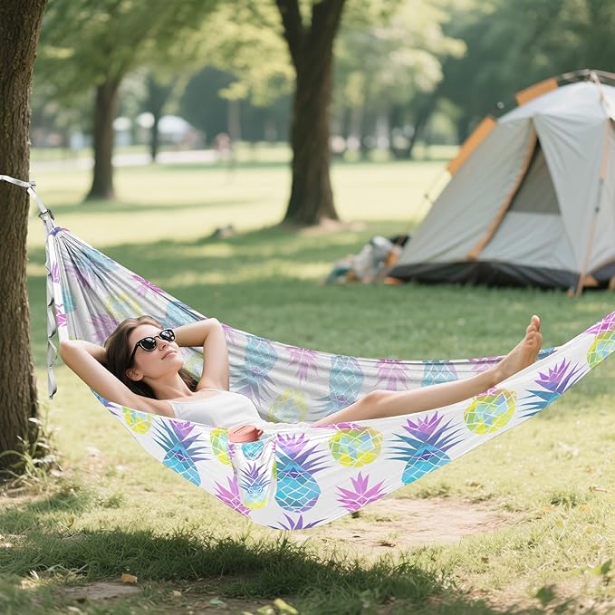 Camping Hammock Outdoor Hammocks for Outside Rainbow Pineapple Beach Trees Portable Lightweight with Pockets Tree Straps Indoor