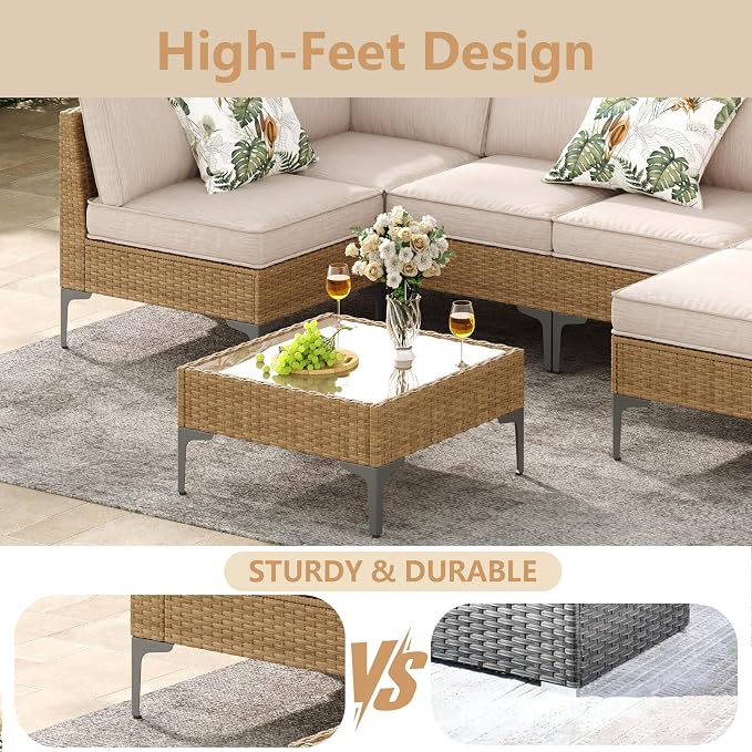 Jing's Villa 9-Piece Outdoor Patio Furniture Set,Rattan Conversation Sectional Sofa w/Coffee Table, All-Weather Patio Conversation Set with Thick and Anti-Slip Cushions for Backyard,Deck,Beige