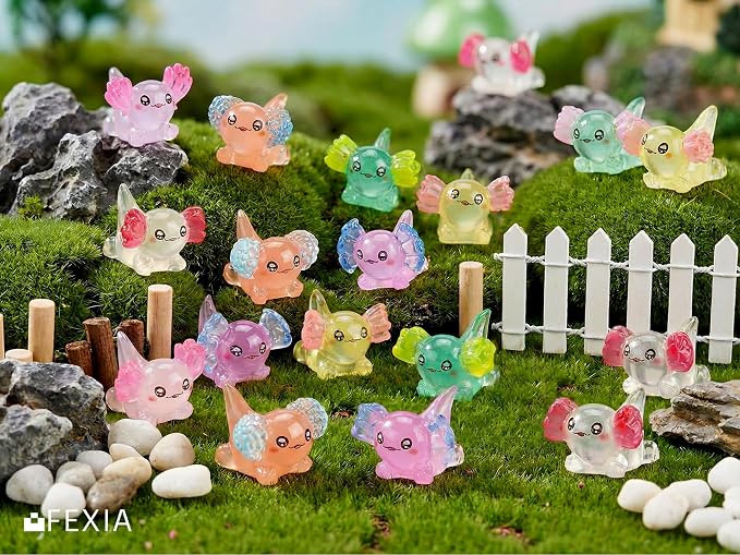 FEXIA 30pcs Mini Resin Axolotl Figurine Mini Resin Animals to Hide Tiny Small Figures Glow in the Dark Luminous Charm Ornament for DIY Craft Garden Landscape Dollhouse Potted Plants Decorations