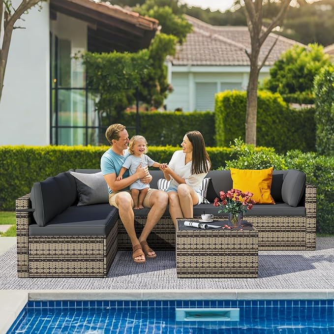 7-Piece Outdoor Sectional Sofa Set, Weather-Resistant Patio Furniture Set with Washable Cushions and Coffee Table, Brown Rattan Patio Conversation Set for Poolside, Backyard, Deck (Black)