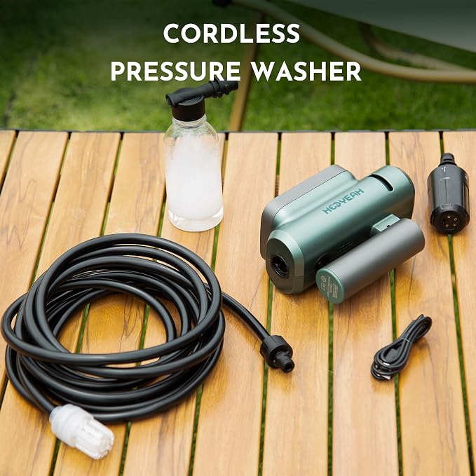 HOOYEAH Portable Cordless Water Sprayer, Lithium Battery Powered Hand-held Sprinkler, Maximum 217 PSI, Five in one Nozzle and Foam Tank, Suitable for Cars, Bicycles, terraces