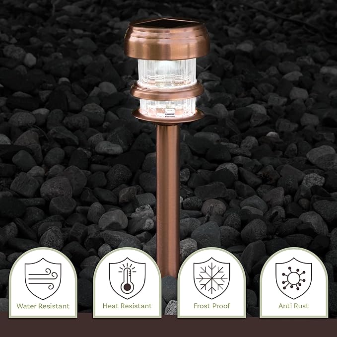 Outdoor Solar Lights - 4-Pack Stainless-Steel LED Lights for Gardens, Pathways, and Patios - Weather-Resistant Stake Lighting by Pure Garden (Copper)