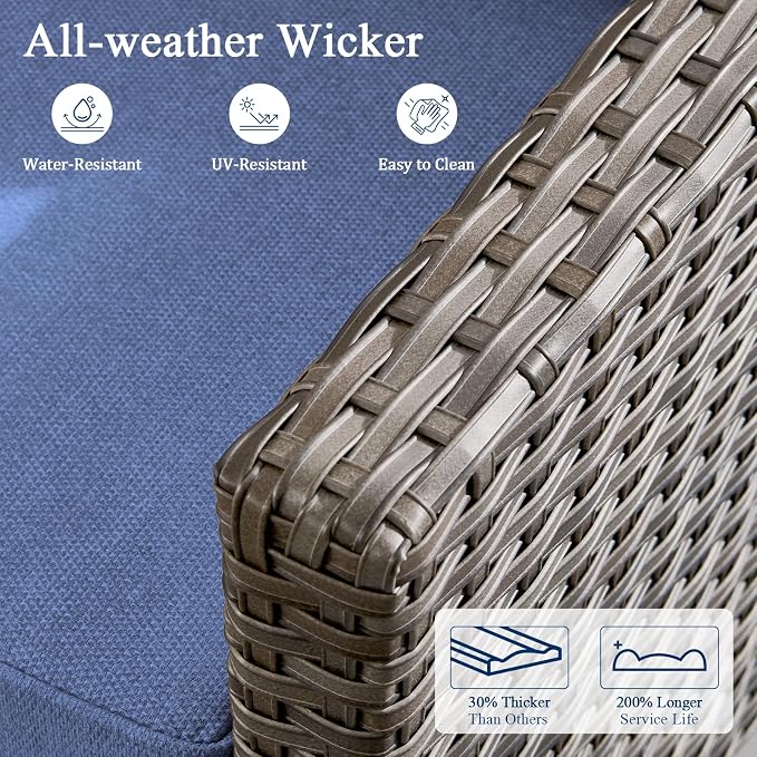 Luxury Patio Furniture sofa Set - 10 Pieces All Weather Wicker Outdoor Couch and High Back Swivel Rocker Patio Chairs with Glass coffee table for Deck Yard and Poolside Gray Wicker | Blue Cushions