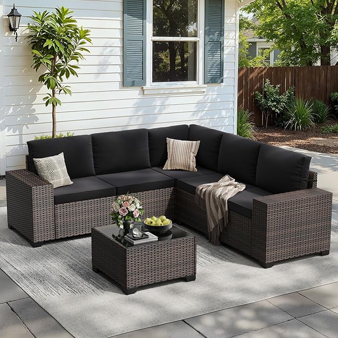 Soohow 6-Piece Patio Furniture Set All-Weather Outdoor Wicker Sectional Conversation Set with Cushion and Glass Table for Garden, Porch, Backyard, Black Cushions