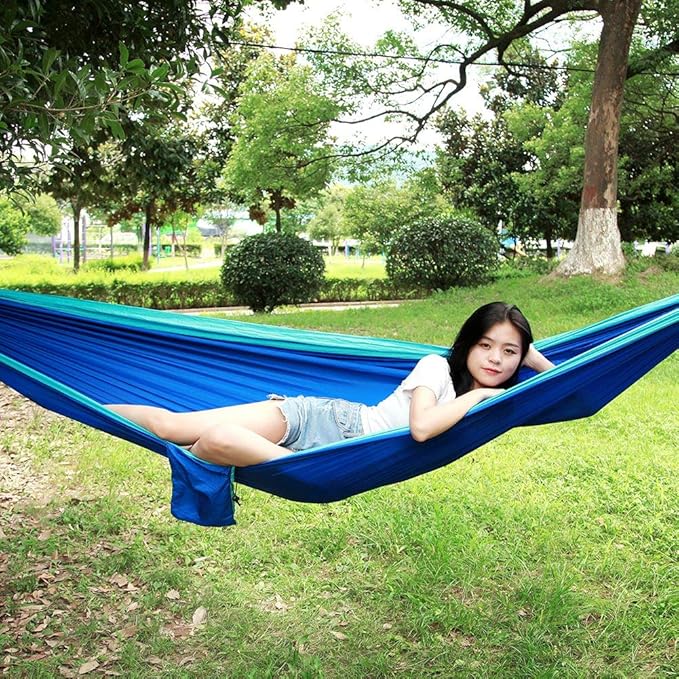 Portable Camping Travel Single Hammock, Lightweight Hanging Bed with Tree Straps, Durable Nylon Hammock for Outdoor Backpacking and Hiking, Holds up to 300kg (Trees with Sky Blue Accents)