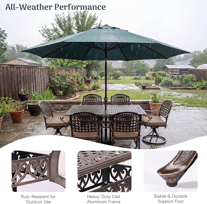 Redlife 7-Piece Cast Aluminum Outdoor Dining Set, 59" Rectangular Patio Table with Umbrella Hole, 2 Swivel Rocker Chairs & 4 Stackable Chairs with Cushions, Lattice Backrest