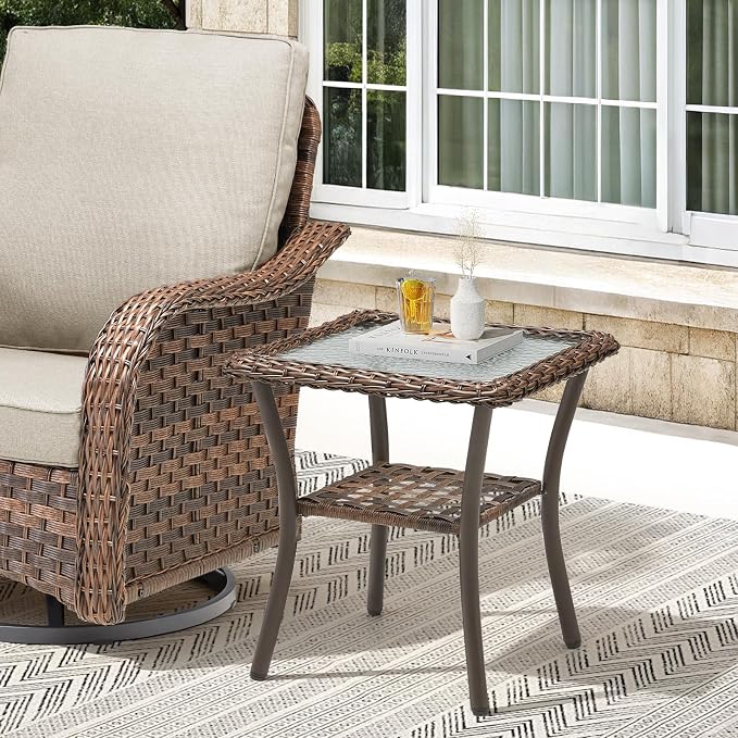 9 PCS Patio Furniture Set, Outdoor Wicker Sofa & 4 Swivel Rocking Chairs with 2 Ottomans & 2 Side Tables, 4-Inch Thick Olefin Cushions, 300 lbs Capacity Rattan Conversation Set for Porch, Beige