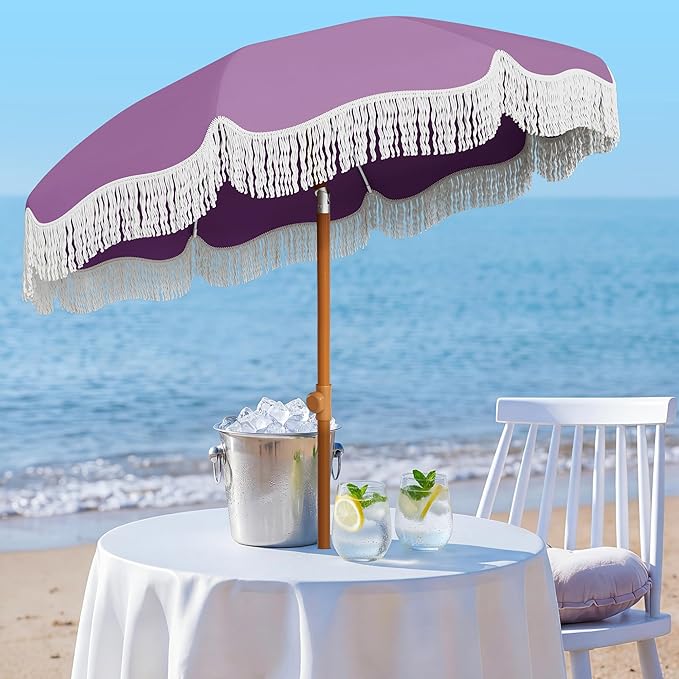 AreShark 7ft Patio Umbrella with Fringe, UPF50+ Beach Umbrella for Table, Pool & Garden, Portable Outdoor Tassels Umbrella w/Fiberglass Ribs&Push Bottom Tilt(Lavender)