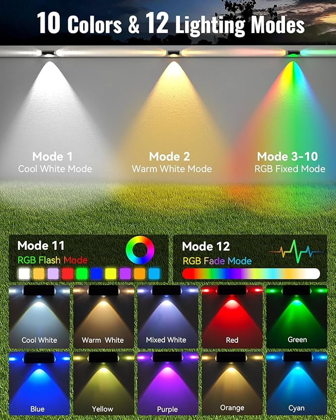 Solar Fence Lights Outdoor with 3-Way Lensed Lighting, Fence Light Solar Powered 12 Mode RGB Color Changing, Warm/Cool White, IP65 Waterproof for Deck, Wall, Patio, Backyard, Outside(12 Pack)
