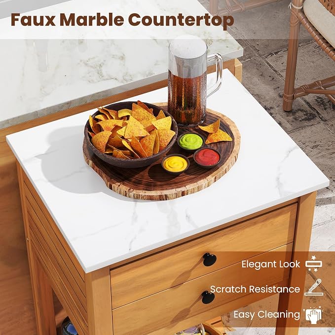 Giantex Acacia Wood Outdoor Side Table, Patio Buffet Cabinet Bar Table with Faux Marble Countertop, 2 Drawers, Glass & Wine Holders, Patio Storage Cabinet for Garden, Backyard