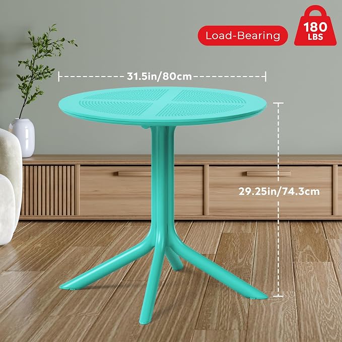 Costaelm Small Patio Table, Outdoor Round Dining Table, Weather Resistant Outside Table for Poolside Deck Lawn Garden Backyard, Turquoise
