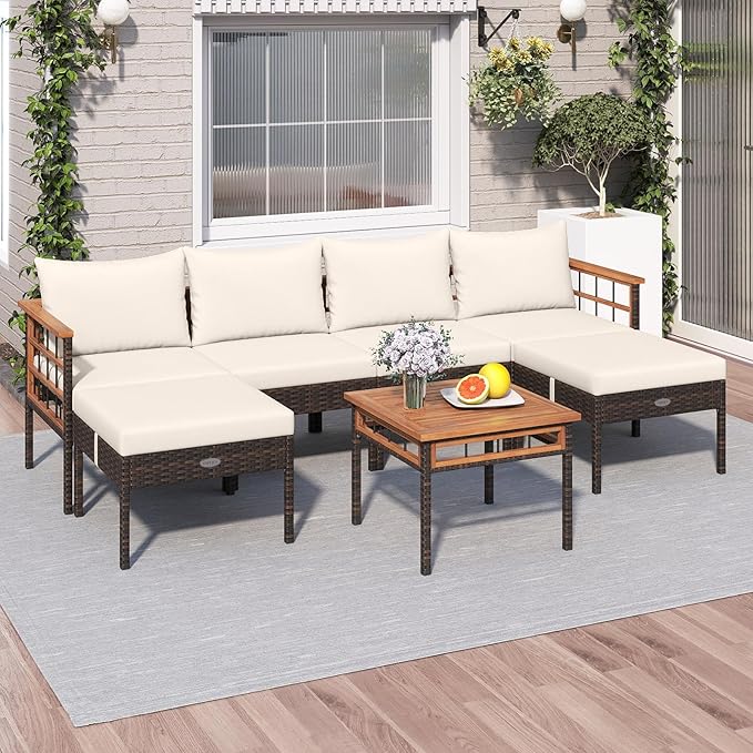 Tangkula 7 Pieces U Shaped Outdoor Wicker Furniture Set, Patio Cushioned Rattan Chairs with Ottomans & Side Table, for Backyard, Porch, Balcony