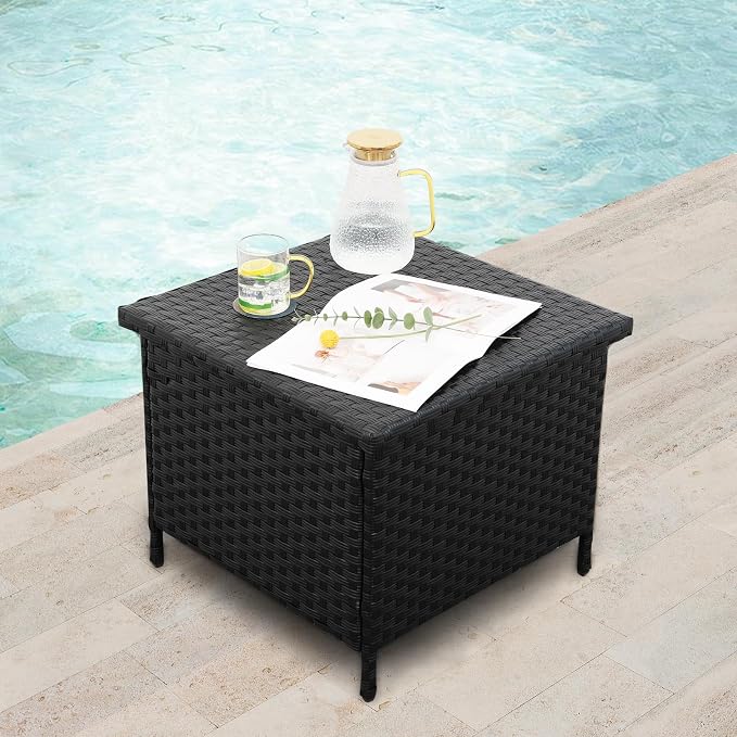WAROOM Patio Side Table with Storage Resin Rattan Outdoor End Table Wicker Storage Table for Garden Backyard Porch Poolside, Black