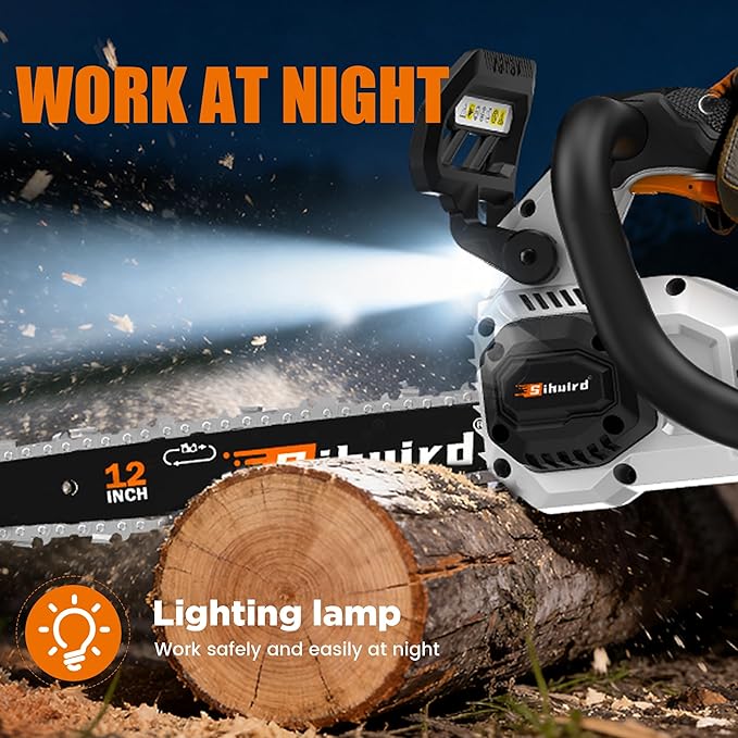 Sihuird 12-Inch Cordless ChainSaw, Brushless Motor Electric Chainsaw with 2 x 21V 6.0Ah Battery and Charger, with LED lighting and Tool-free Chain Tension & Auto Lubrication for Tree, Wood Cutting