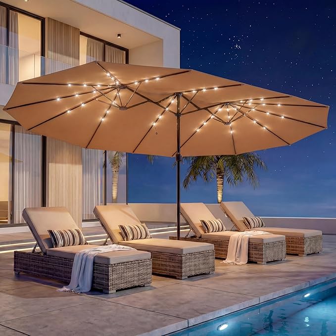 EO Living 13ft Large Patio Umbrella with Solar Lights, Double-Sided Rectangle Outdoor Umbrella with Base Included, 24 LED Lights Table Umbrella for Poolside Deck Market (Beige)