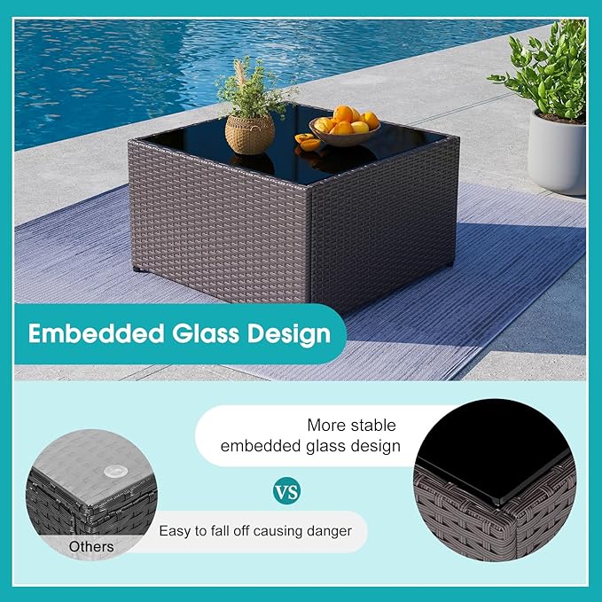 kinbor 7 Pieces Modular Patio Conversation Set - Outdoor Sectional Sofas with All-Weather Wicker, Thick Cushions & Glass Table for Garden, Backyard, Porch, Turquoise