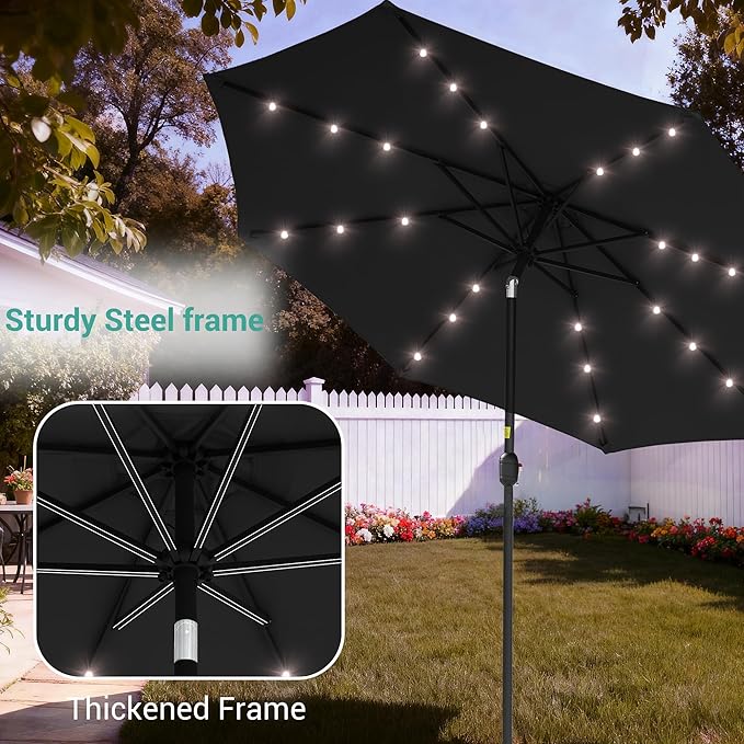 9ft Patio Umbrella Outdoor with Solar Lights,32 LED Lighted Table Market Umbrella with Tilt and Crank, 2-Year-Non-Fading, 8 Sturdy Ribs,for Pool, Deck, Garden,Backyard