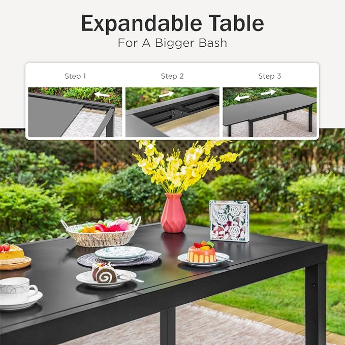 PHI VILLA Patio Dining Table and Chairs for 6, 2 Swivel & 4 Stable Patio Dining Chairs,Stable Exdentable Dining Table,Metal Frame and Textilene Quick-Dry Fabric,7 pcs Patio Furniture Set for Garden