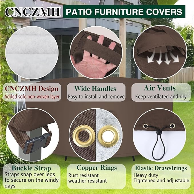 Heavy Duty Patio Furniture Covers Waterproof, 600D Round Outdoor Furniture Cover Waterproof for Sectional Sofa Couch, Outdoor Dining Table and Chair Set Covers 62"DIA x 28"H, Brown