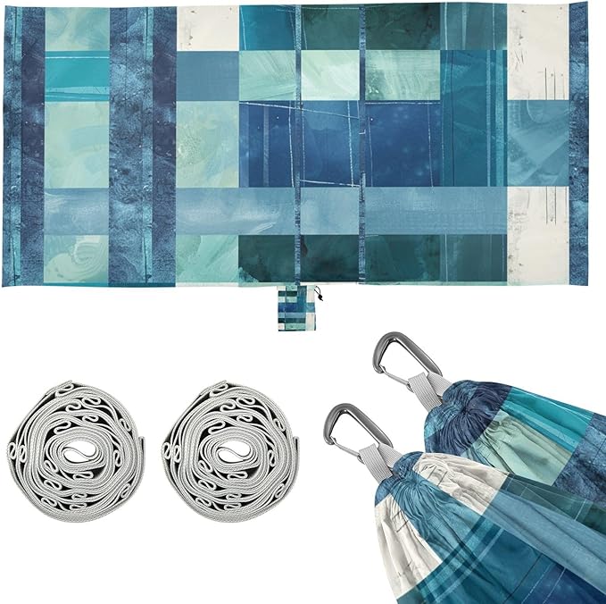Square Geometric Plaid Stripe Embroidery Robin Blue 330lb Capacity Hammocks for Camping with Tree Straps Rope Hammock for Indoor Outdoor Patio Bases para hamacas para adultos