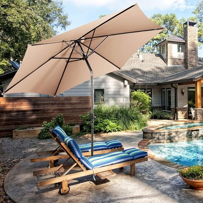10-Foot Outdoor Water/UV-Resistant Patio Umbrella, Round Tilt Garden Market Table Mental Umbrella, with Crank, Adjustable Levels, Perfect For BBQ, Seaside, Swimming Pool, Beige