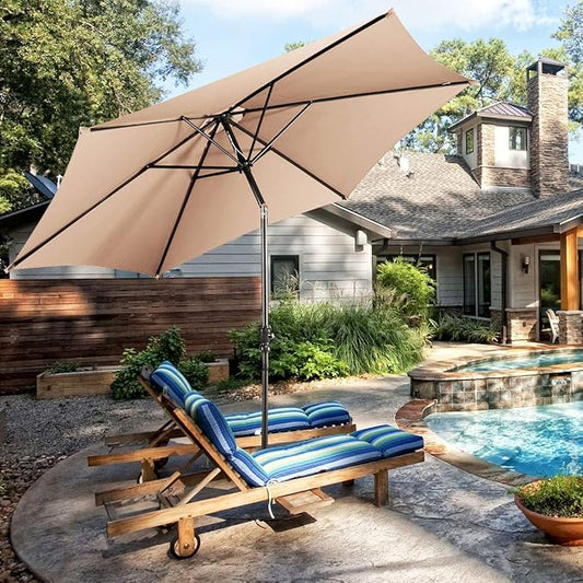 10-Foot Outdoor Water/UV-Resistant Patio Umbrella, Round Tilt Garden Market Table Mental Umbrella, with Crank, Adjustable Levels, Perfect For BBQ, Seaside, Swimming Pool, Beige