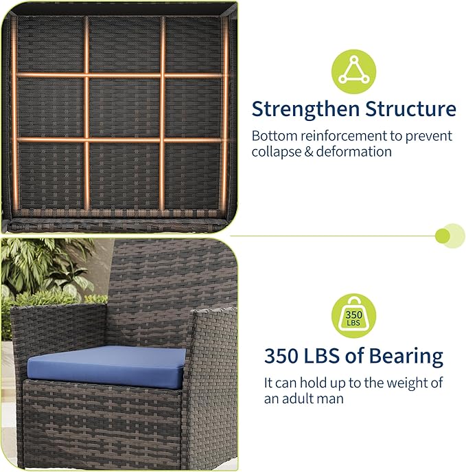 3-Piece Outdoor Furniture Set, PE Rattan Wicker Chairs with Soft Cushions & Tempered Glass Coffee Table - All-Weather Patio Set for Garden, Backyard, Porch, Poolside (Brown/Navy Blue)