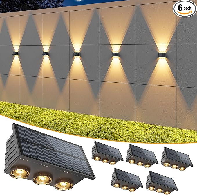 VOLISUN Solar Fence Lights 6 Pack, Color Glow LED Up and Down Wall Lamp, IP65 Waterproof Solar Lights Outdoor for Patio, Backyard, Railing, Deck, Fence and Wall（6 Lenses）