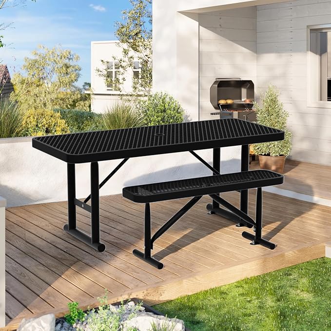 4FT Picnic Tables for Outdoors, Black Rectangular Heavy Duty Commercial Picnic Table with Umbrella Hole, Weather-Resistant Camping Table Dining Table for Backyard, Patio, Garden, Shops, Parks